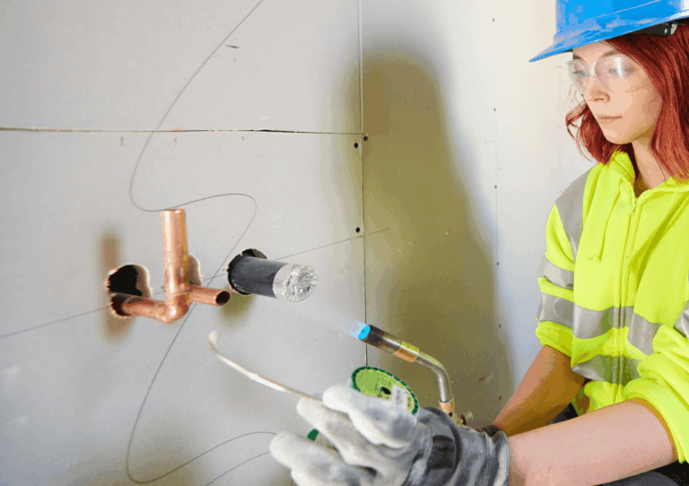 A female student is wearing a construction outfit, a helmet and safety goggles whilst using plumping equipment