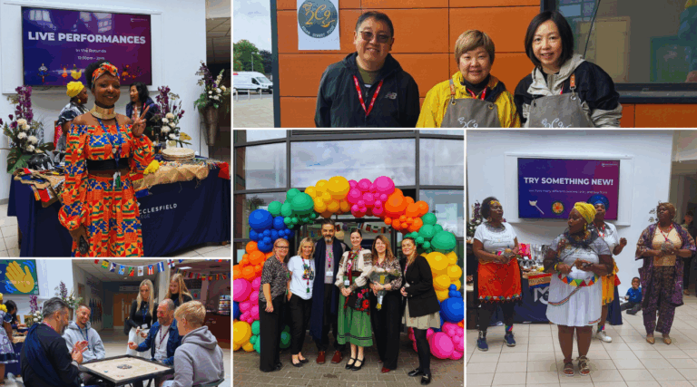 A collage of photos from Macclesfield College's College Culture Day. The first photo has a student smiling for a photo, the second has three visitors smiling for a photo, third has a group of staff members and students playing a board game, the fourth has a group of staff members standing under a colourful balloon arch smiling for a photo, while the fifth shows a group of women singing.