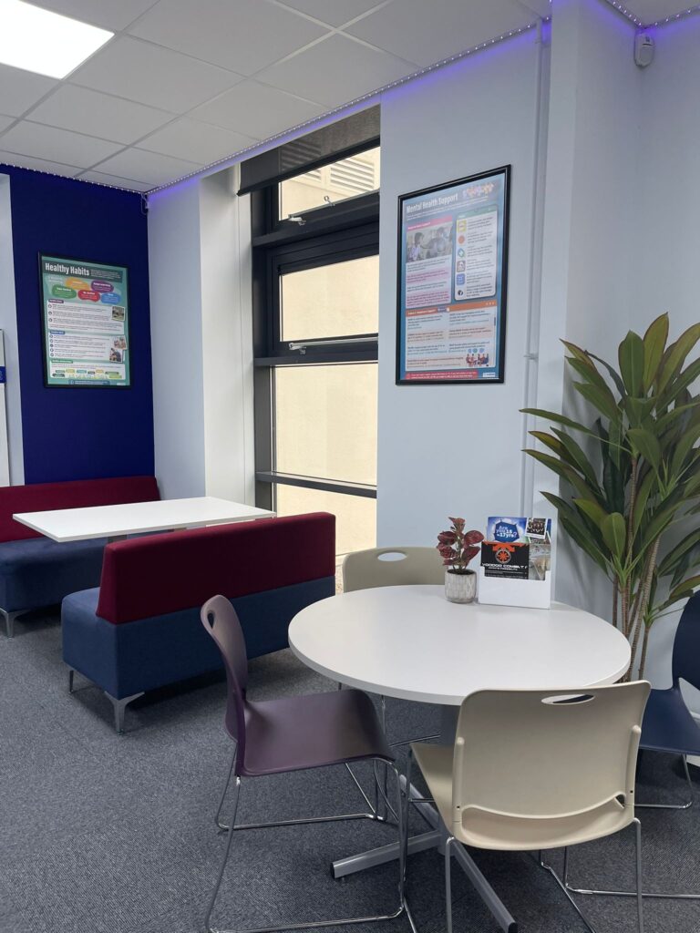 The seating area inside Macclesfield College's Student Hub