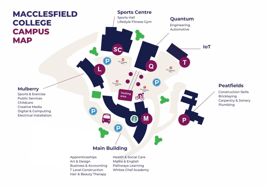 A colourful graphic of Macclesfield College's Campus Map