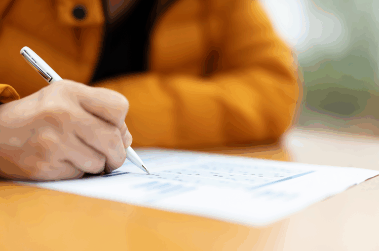 A person working at a desk, taking an exam