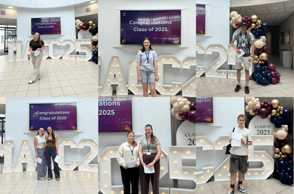 A college of six photos of students smiling and holding their results