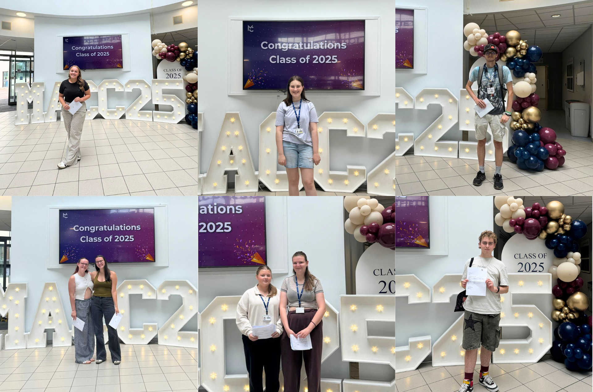 A college of six photos of students smiling and holding their results