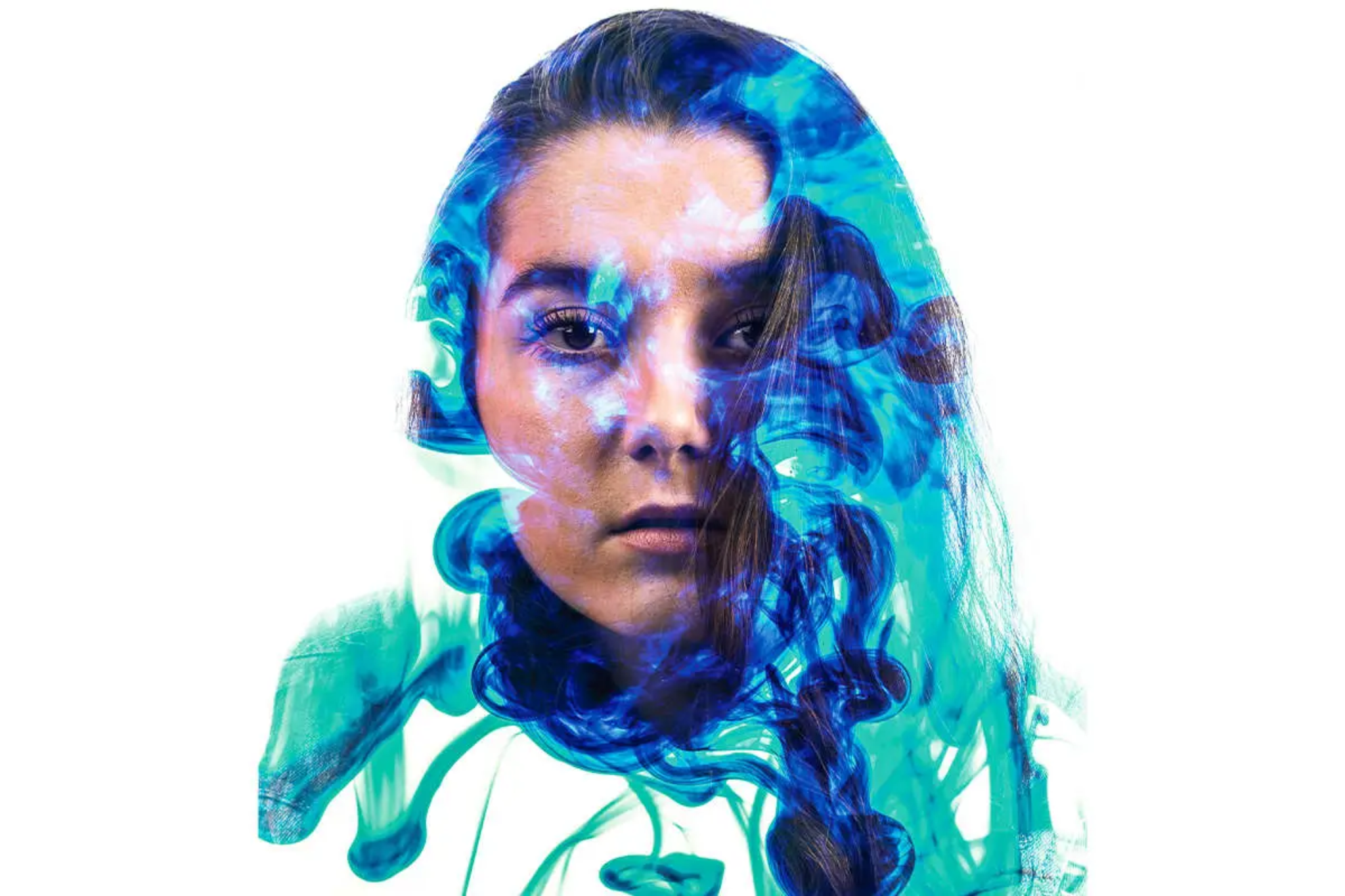 An abstract portrait of a female, her hair is covered in a blueish green haze.