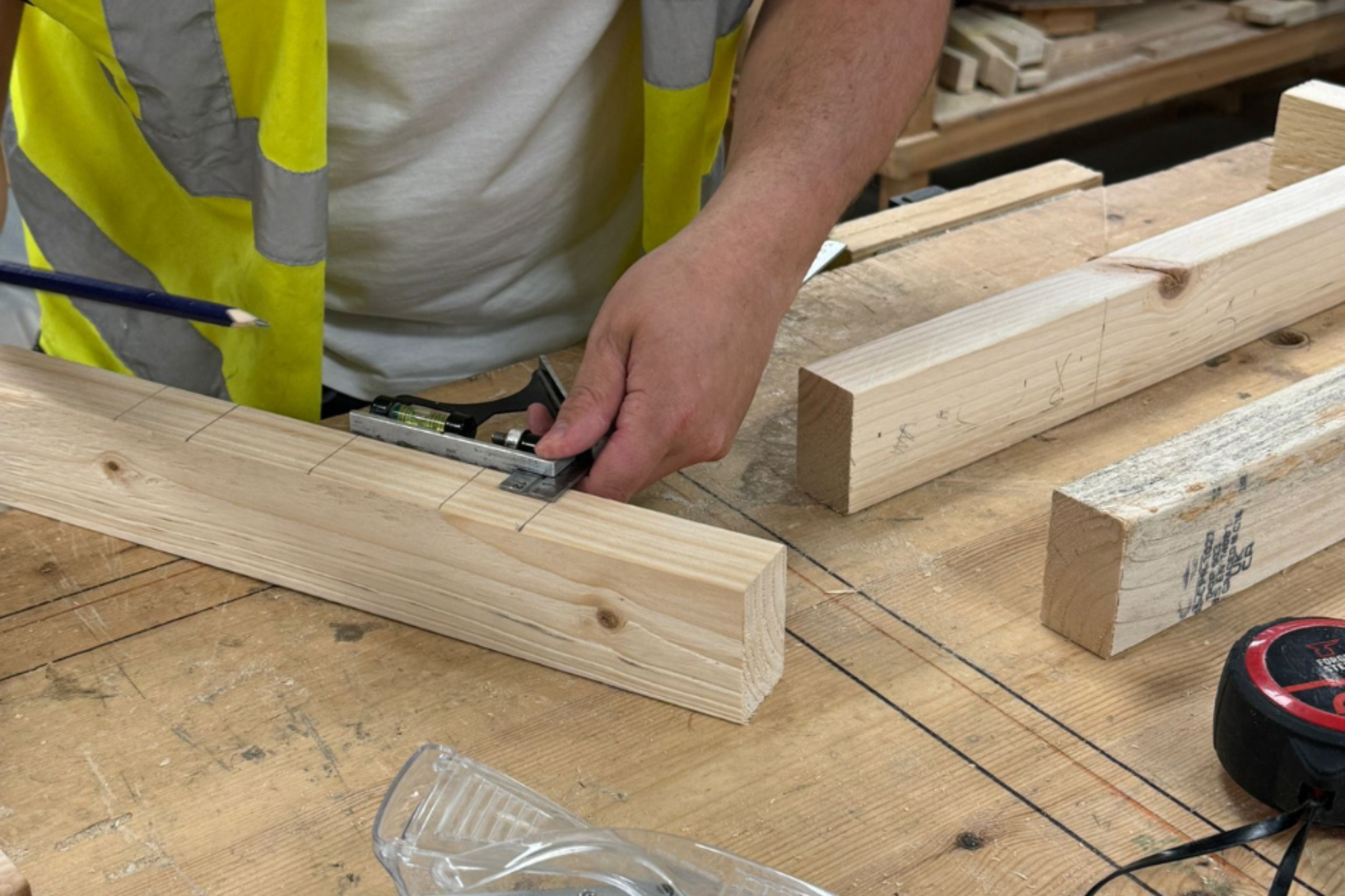 A Carpentry and Joinery apprentice is measuring wood.