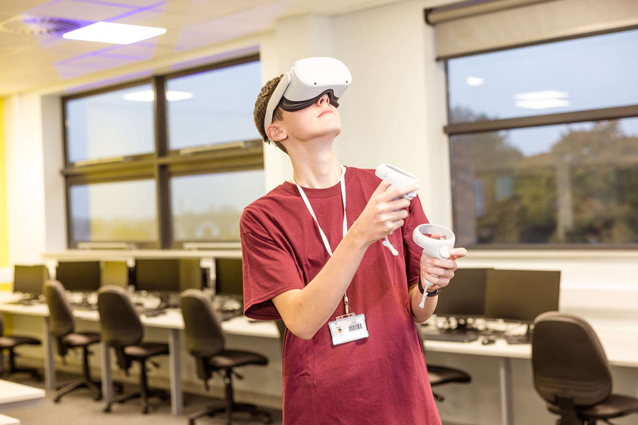 A computing student wearing a VR headset