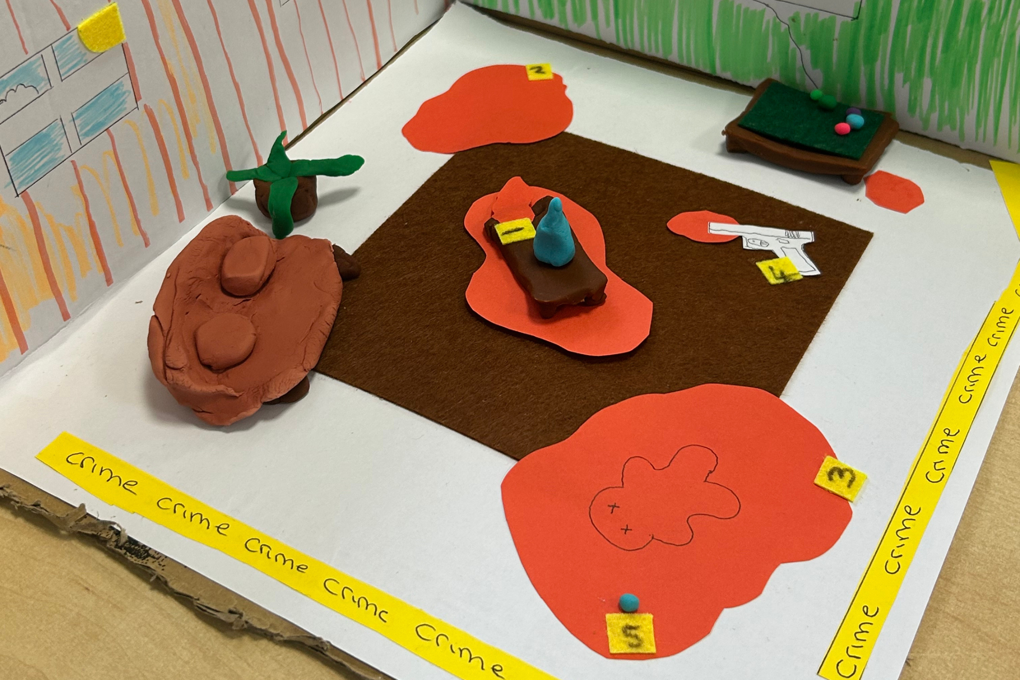 The image displays a crime scene shoe box made by A Level students