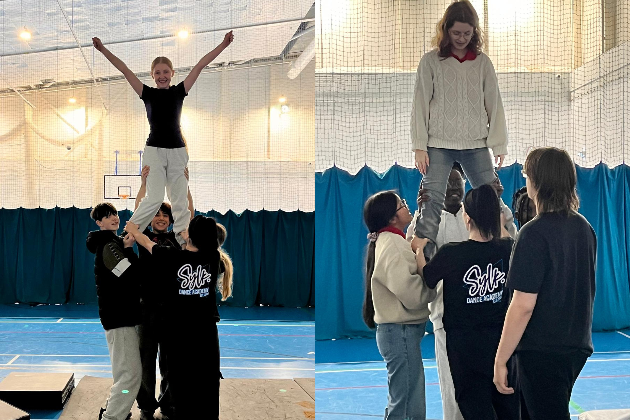 The image shows two photos of students practising cheerleading routines