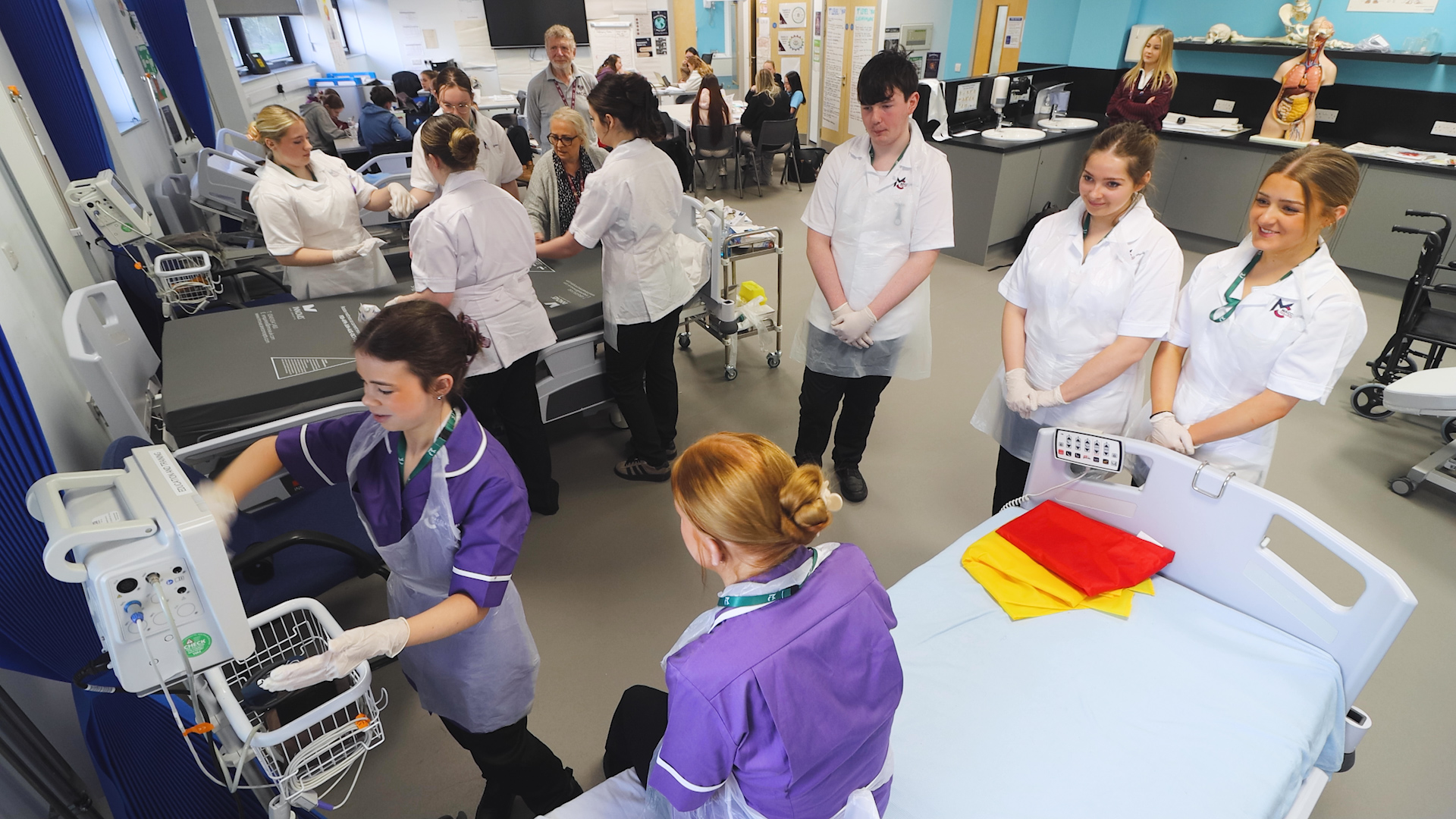 Health and social care students are practising in a practice hospital setting at Macclesfield College