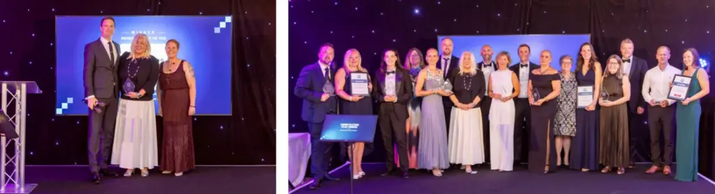 Combination of all award winners at the north cheshire business awards and Rachel Kay receiving her award also