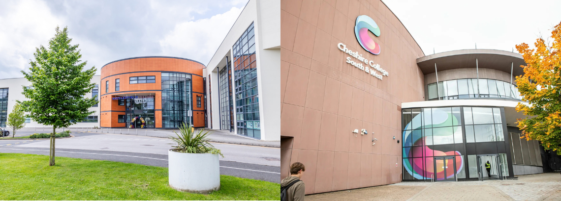 A collage of two photos of college buildings