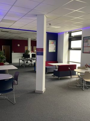 A photograph of the seating area inside Macclesfield College's Student Hub